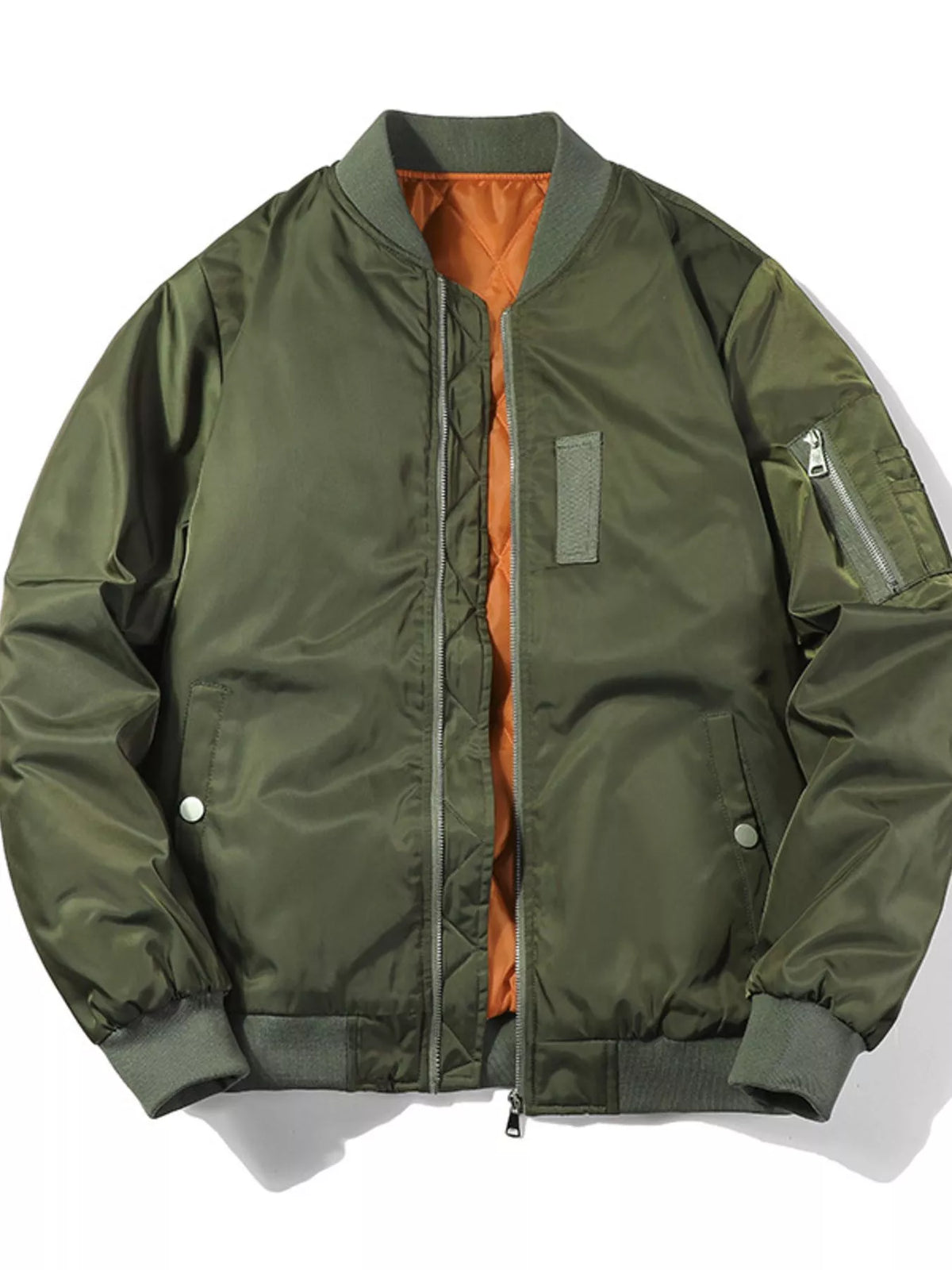 Lightweight military green bomber jacket with orange lining, zip front and sleeve pocket