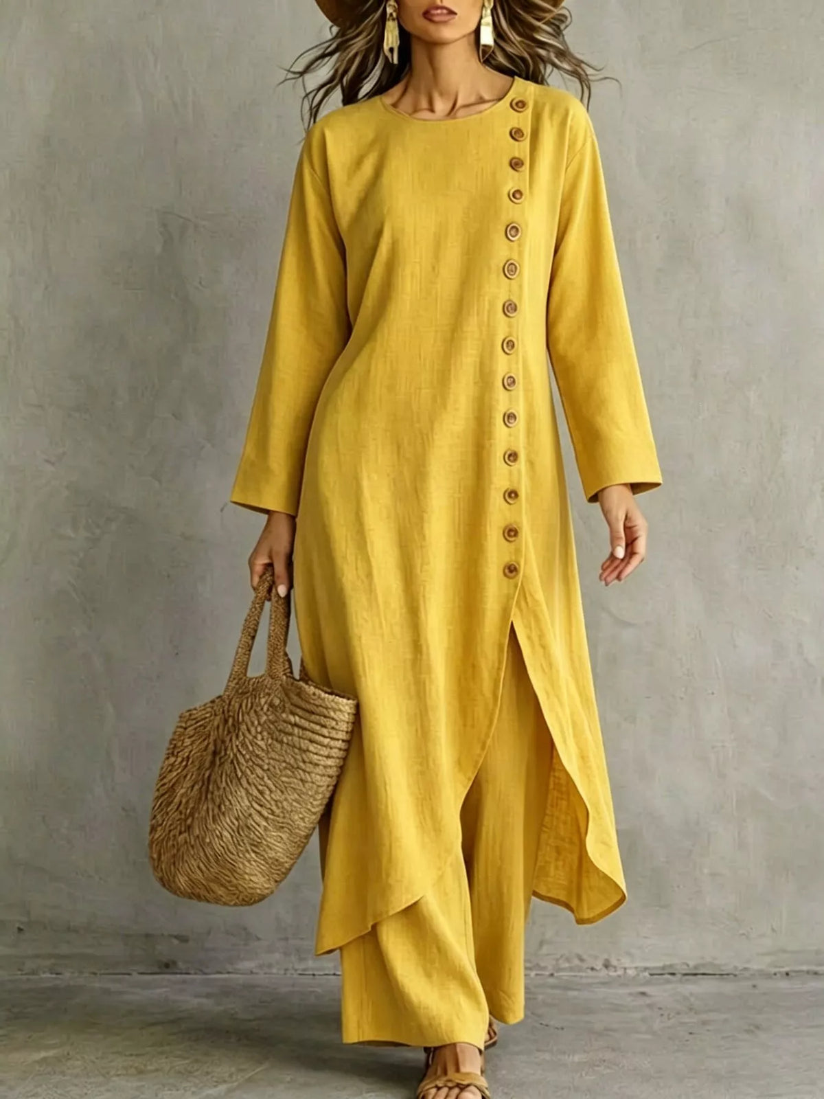 Yellow longline top and pants set with round neck, side-button placket, flowing asym hem