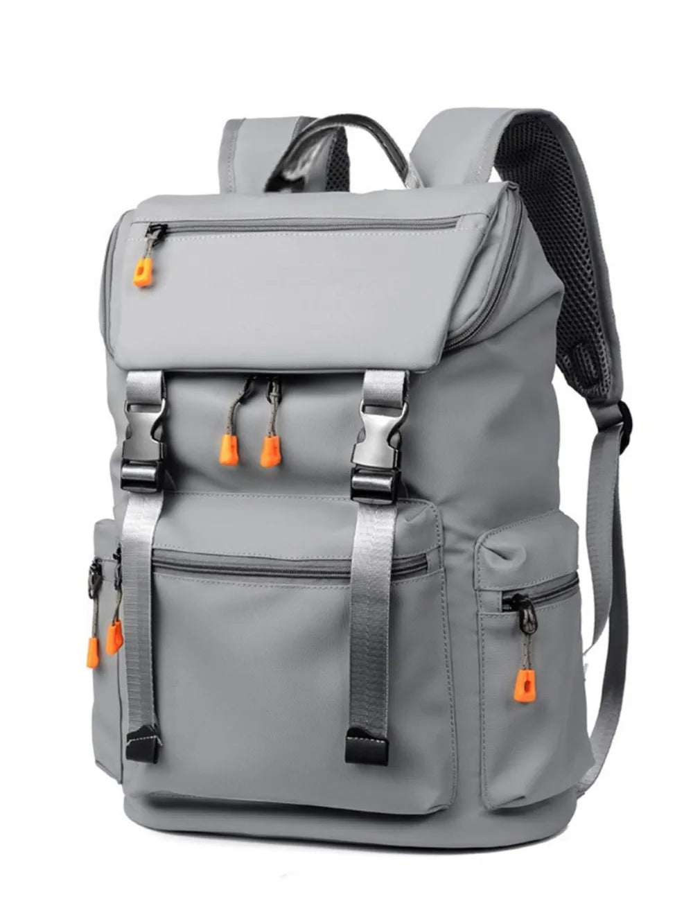 Gray oxford cloth multi-pocket backpack with top flap, front buckles, side pockets