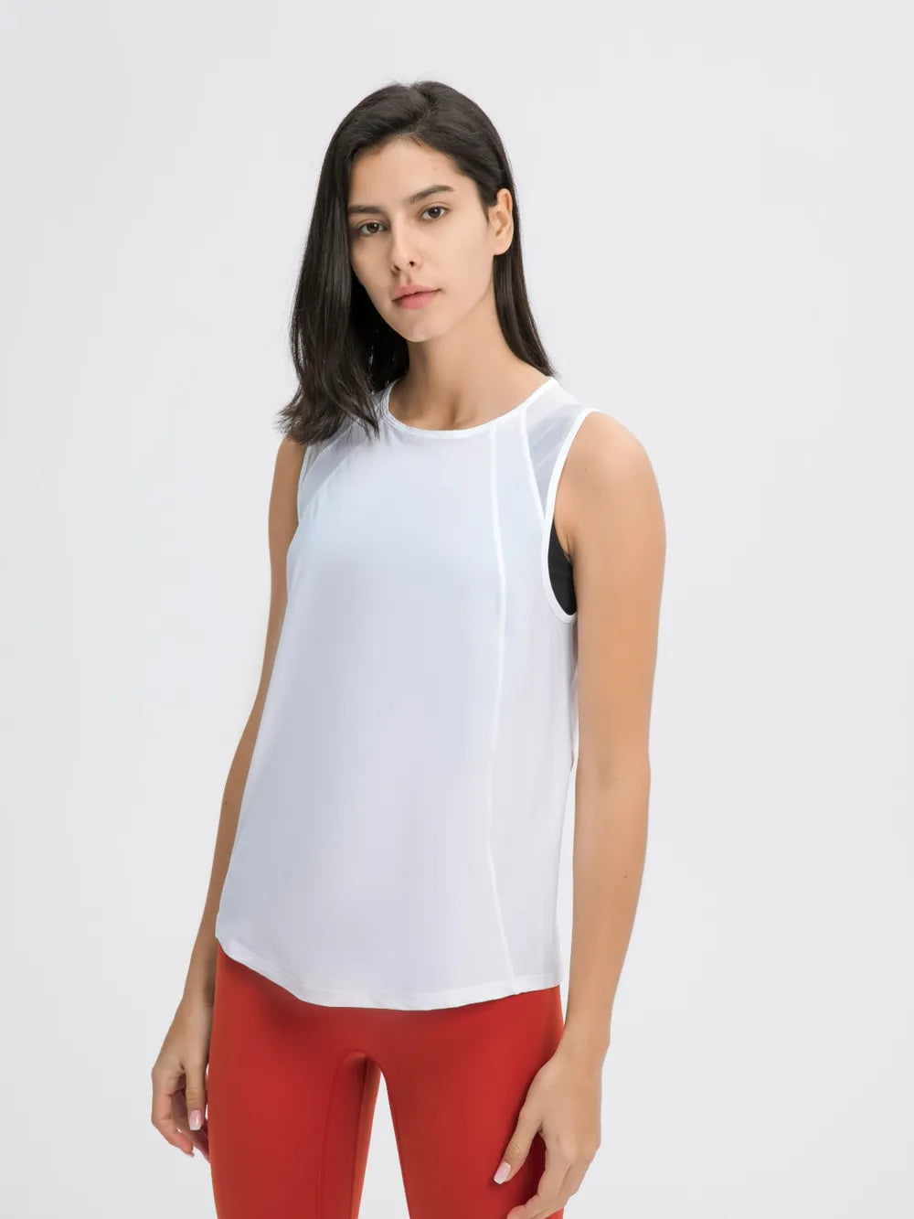 White active tank top with sleeveless round neck and curved hem