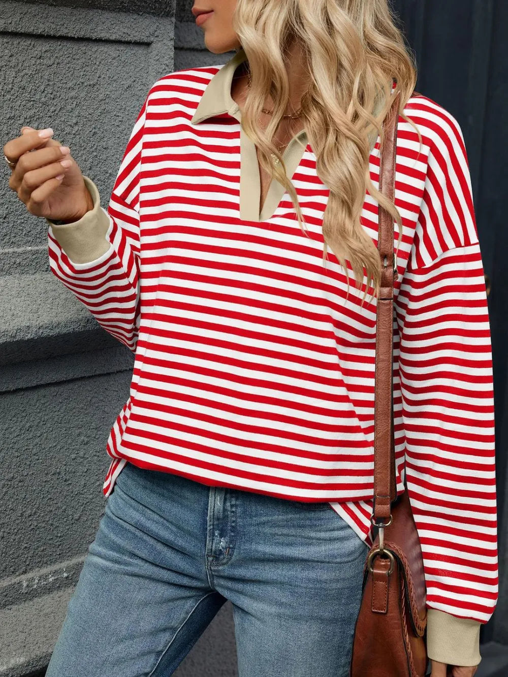 Red-and-white striped Johnny collar sweatshirt, long sleeves, split neckline detail
