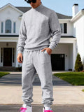 Men's light gray cable-knit mock neck sweater and jogger set, drawstring waistband
