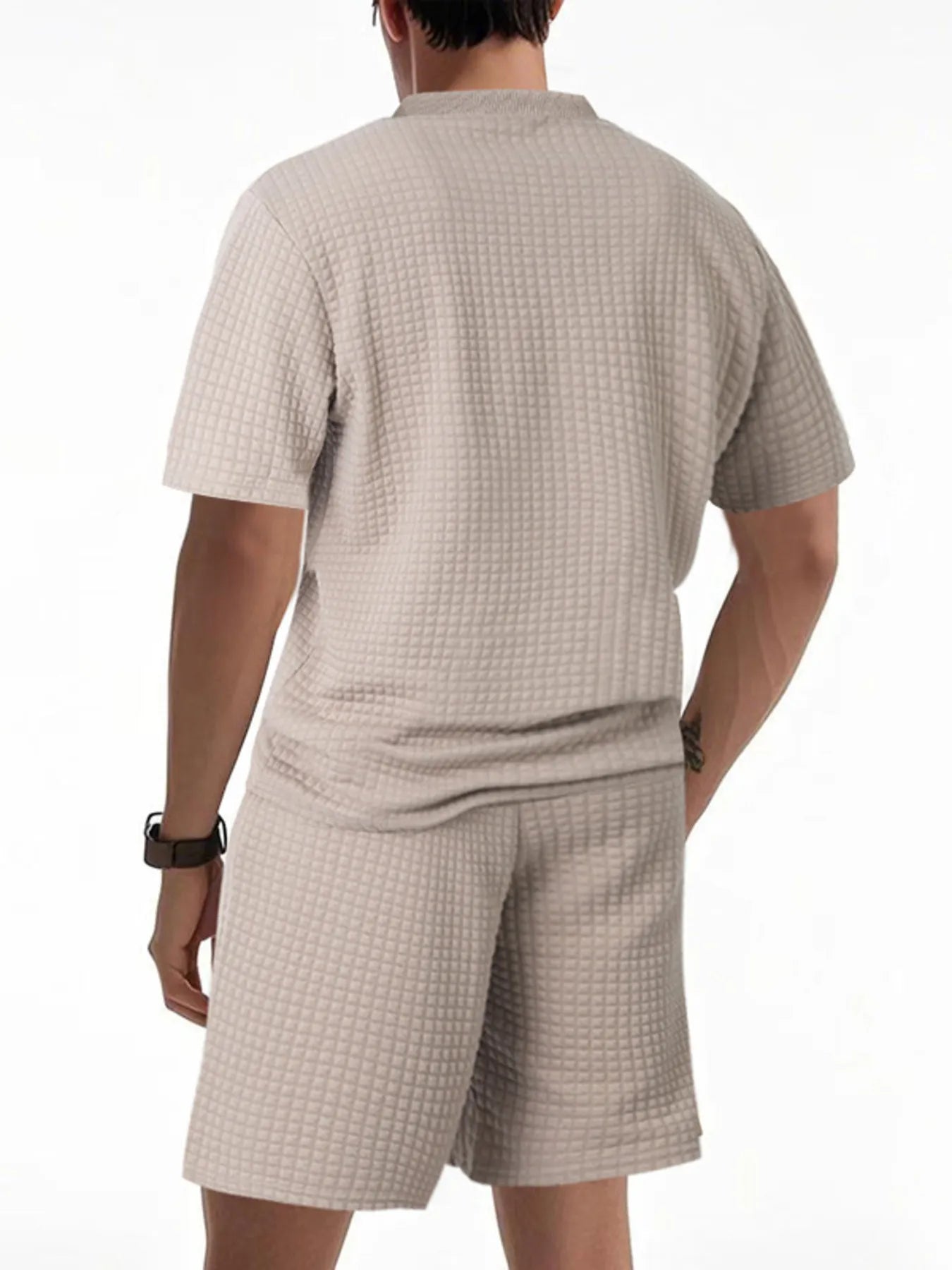 Textured light beige men's round-neck top and matching shorts set, back view
