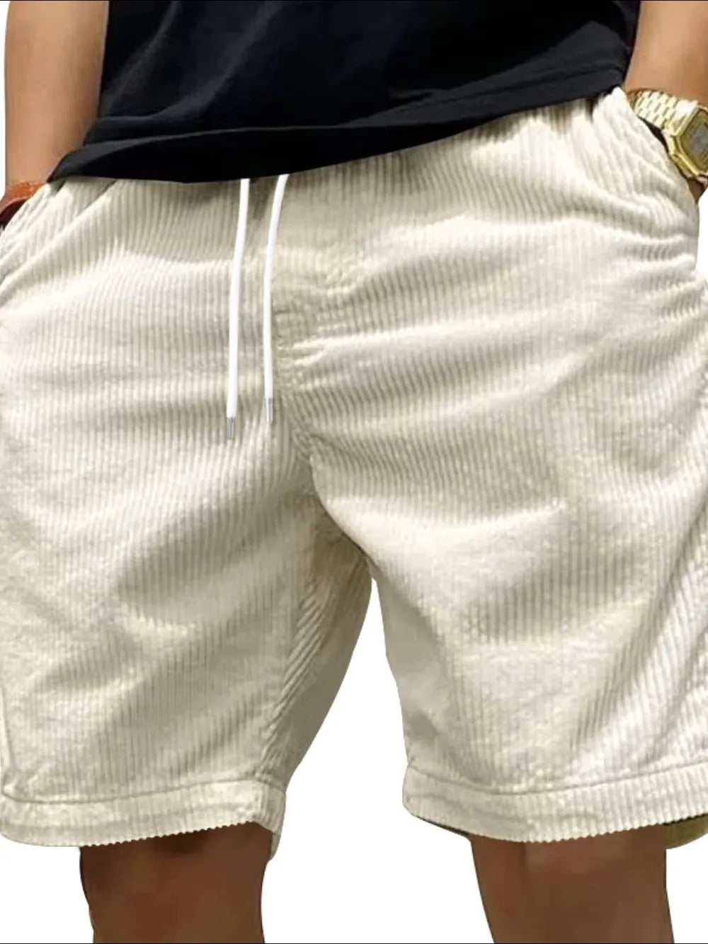 Men's drawstring shorts with side pockets, off-white fabric and white drawstring