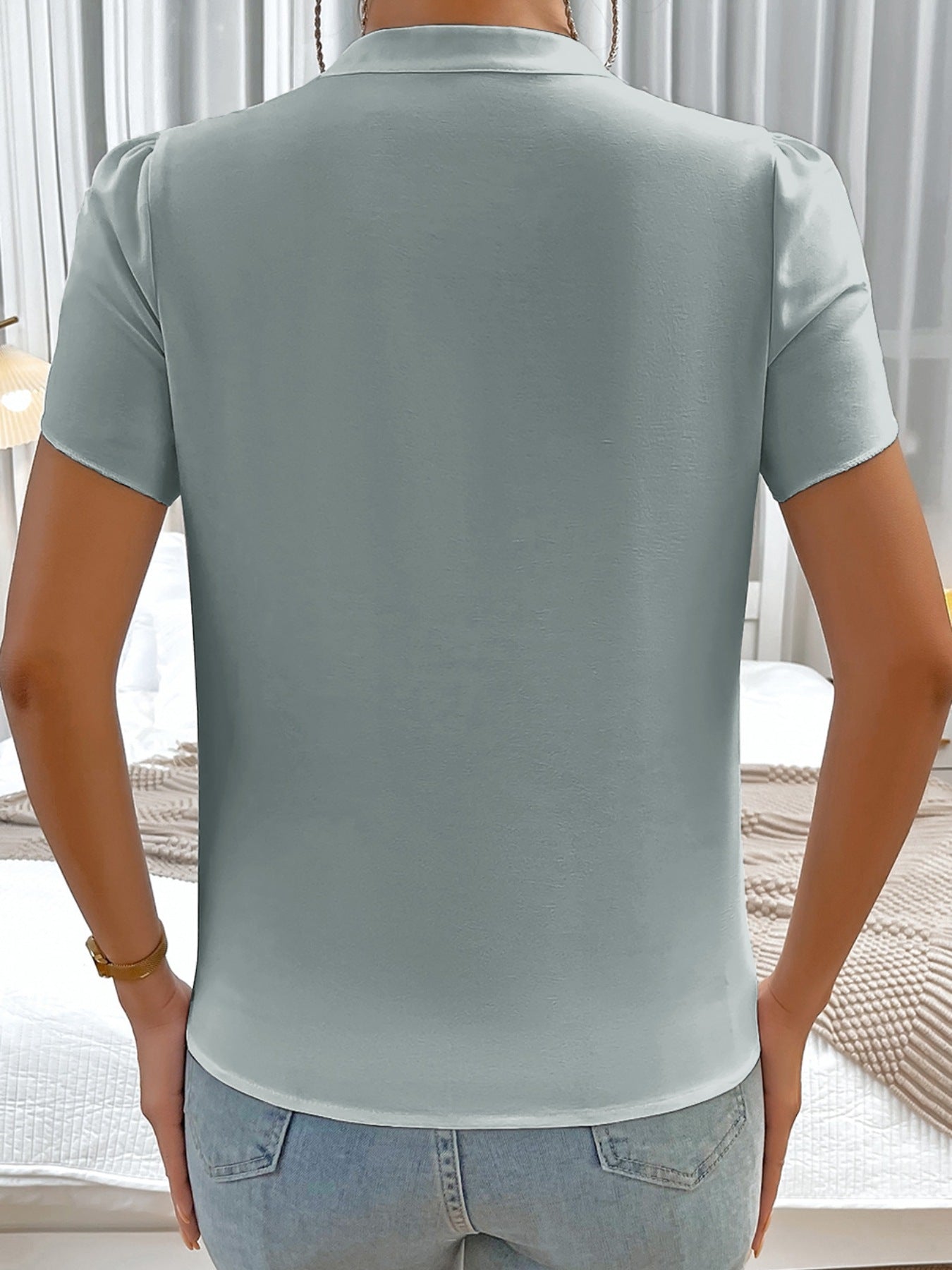 Notched Neckline Petal Sleeve Blouse, light blue satin-like fabric