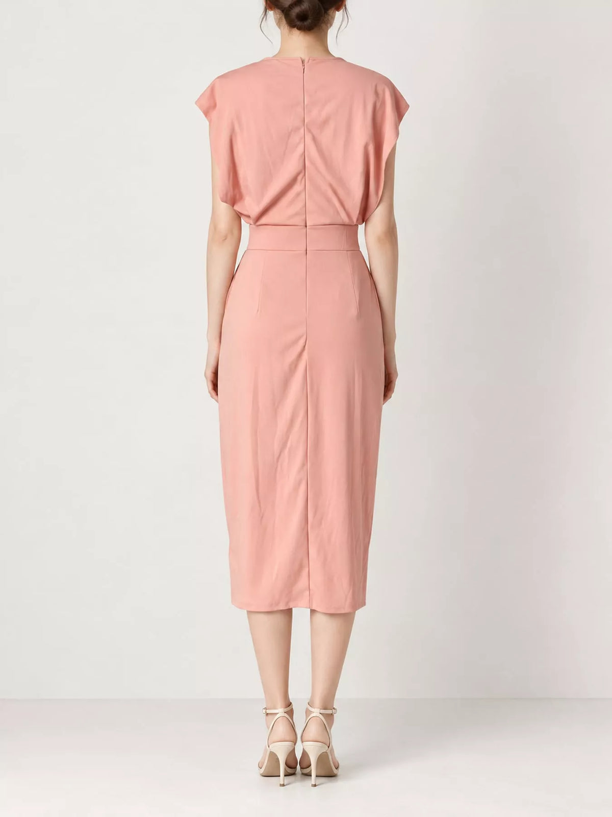 Pink sleeveless midi dress with open back and fitted waist