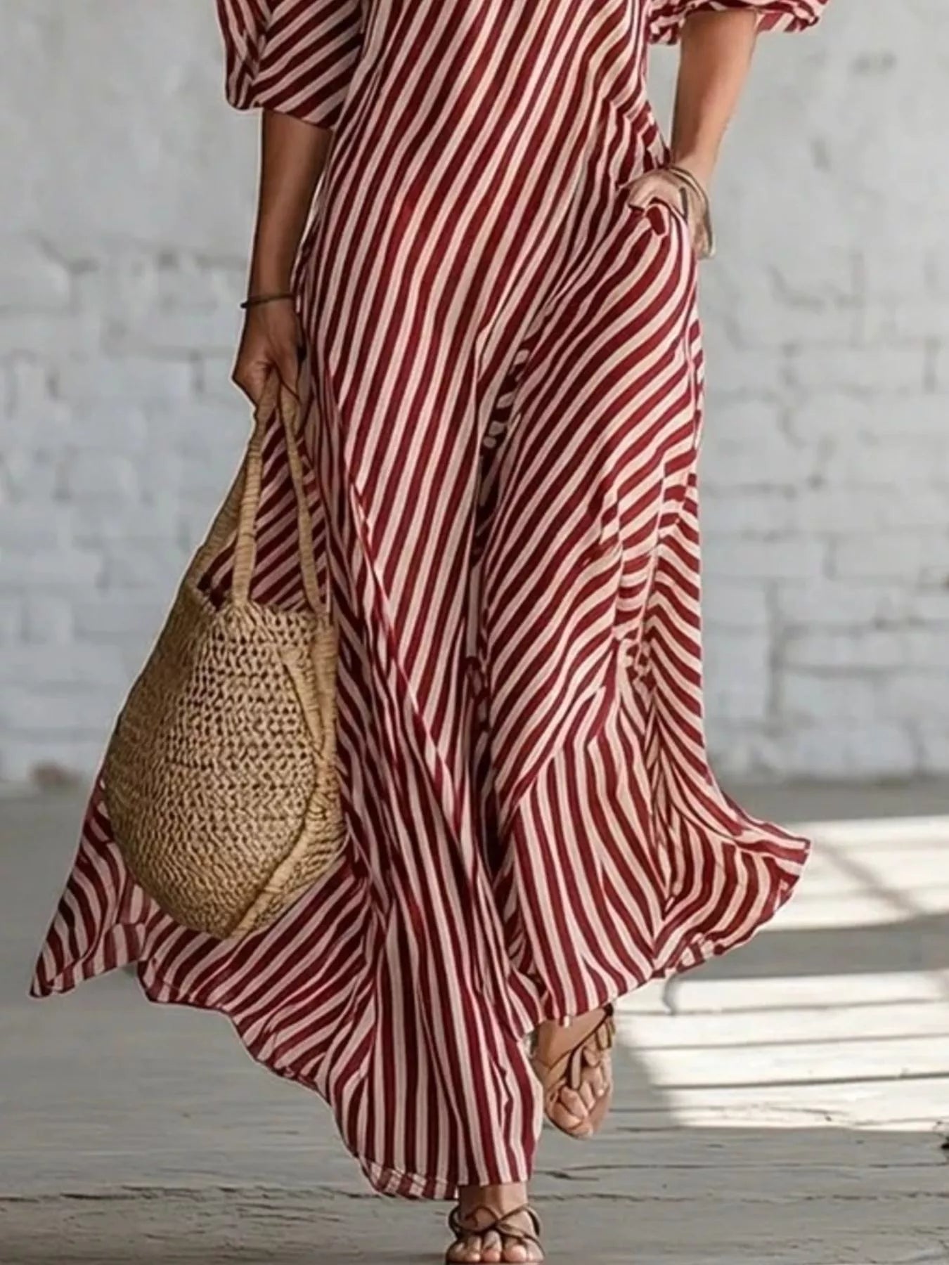 Cedar & Moore full-size striped one-shoulder maxi dress, plus size, red and white, no pockets
