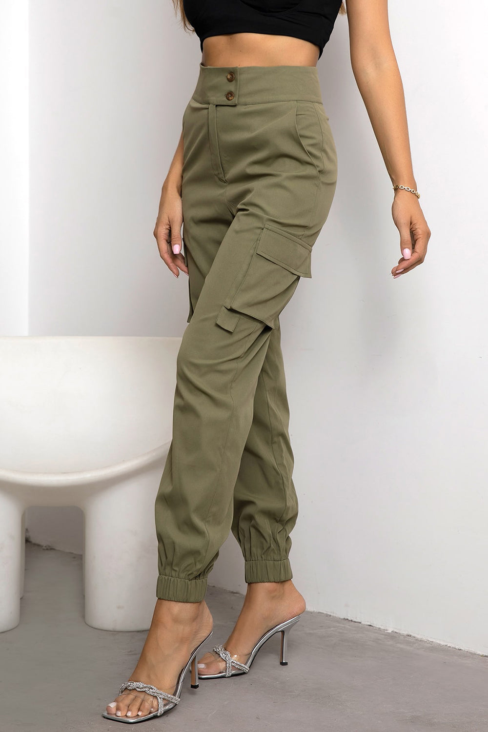 High-waist cargo pants, sage/olive with side cargo pockets and cuffed jogger ankle hems