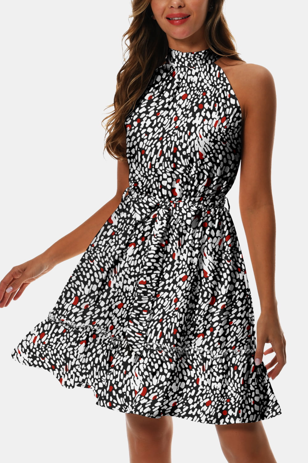 Black and white speckle printed halter tie-waist frill-trim dress, tiered hem