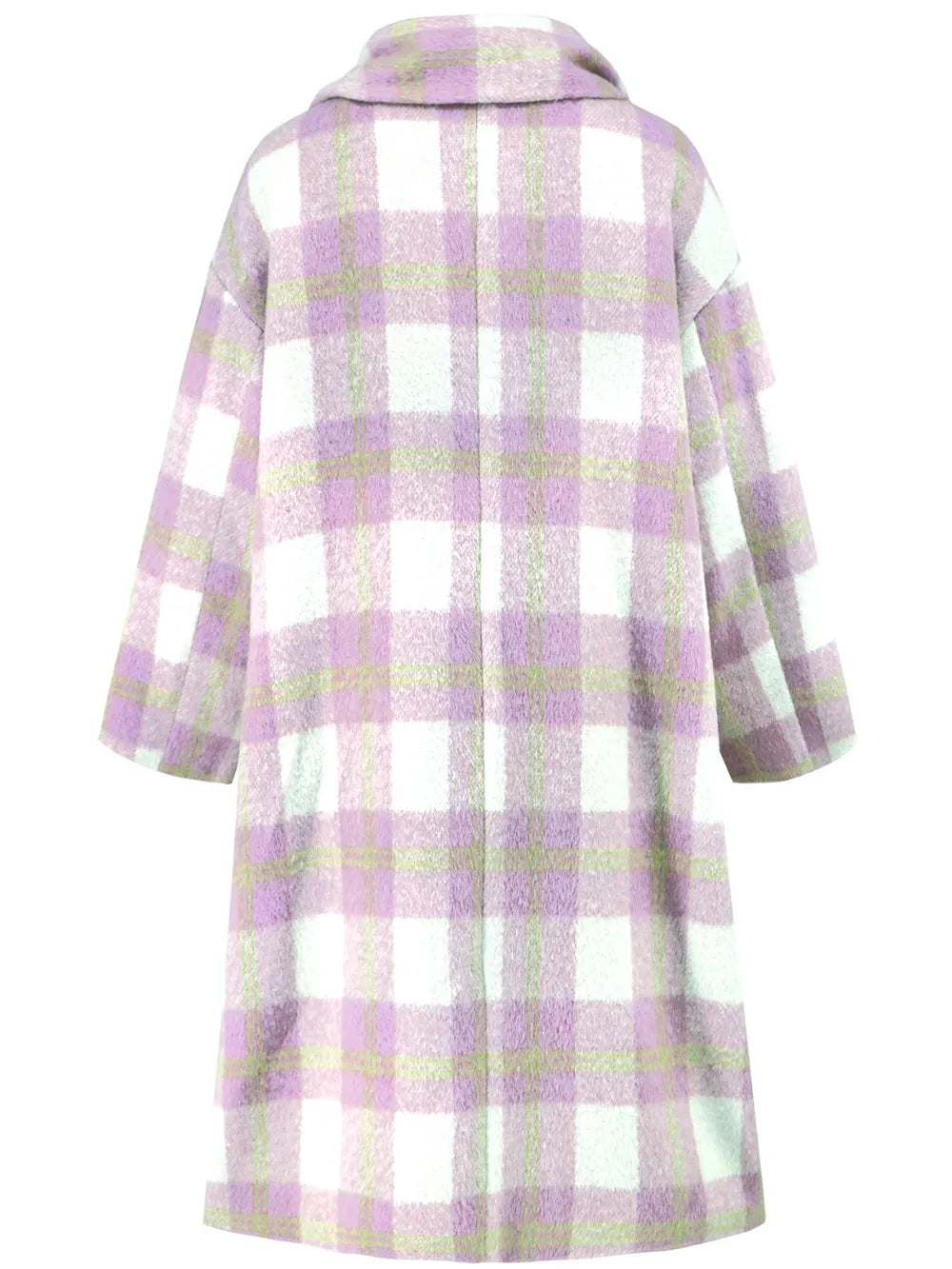 Plaid button-up long sleeve coat with lavender, pink, and green check pattern