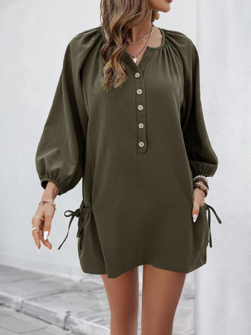 Button-front balloon-sleeve dress in dark olive, gathered neckline and drawstring sleeves