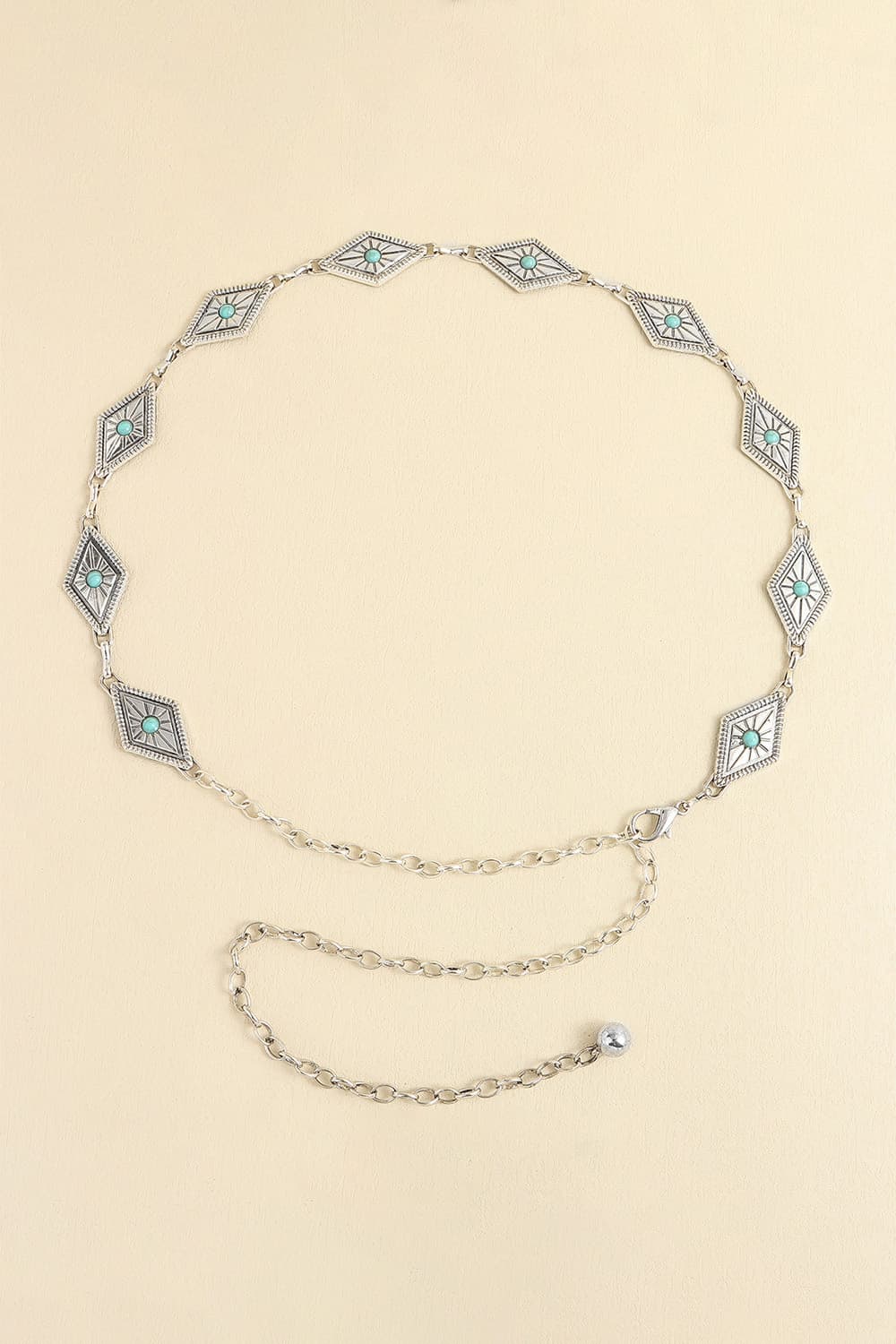 Turquoise diamond charm chain belt with geometric studs and dangling end