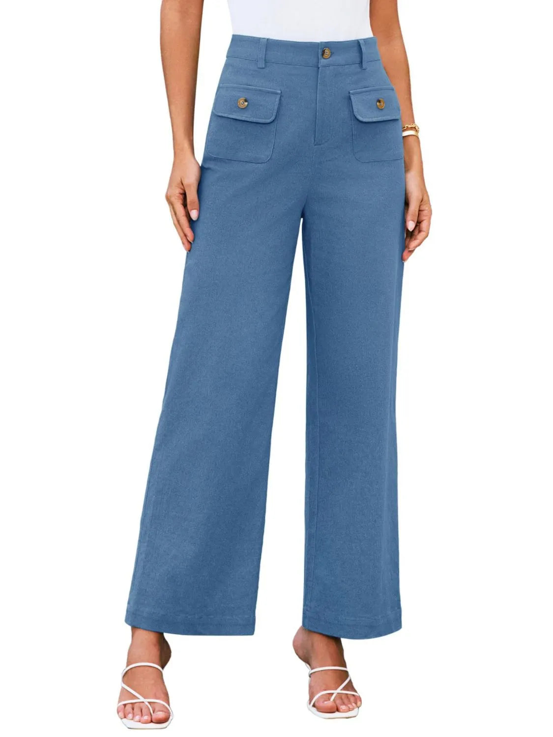 High-waist wide-leg pants, blue; wide legs with front flap pockets and gold buttons.
