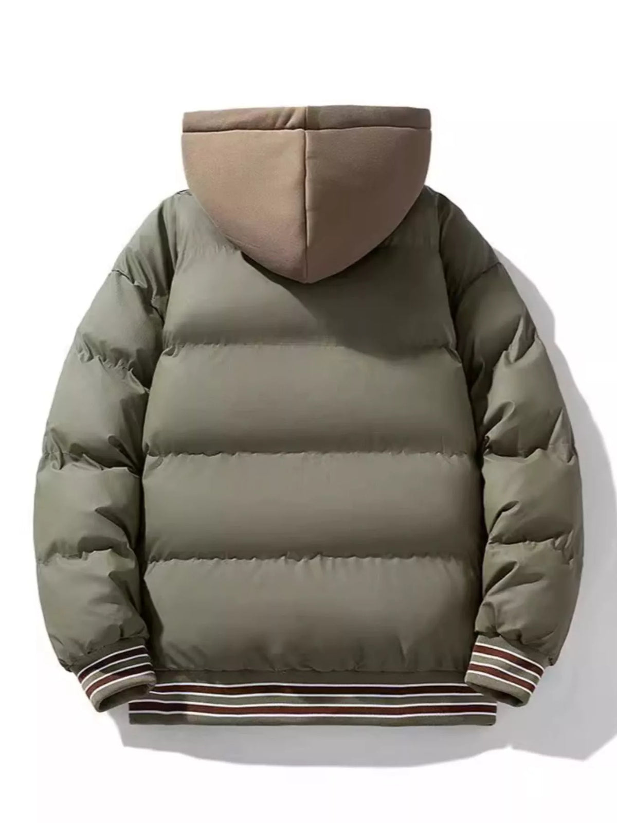 Men's padded hooded puffer jacket, moss green, back view with ribbed hem stripes