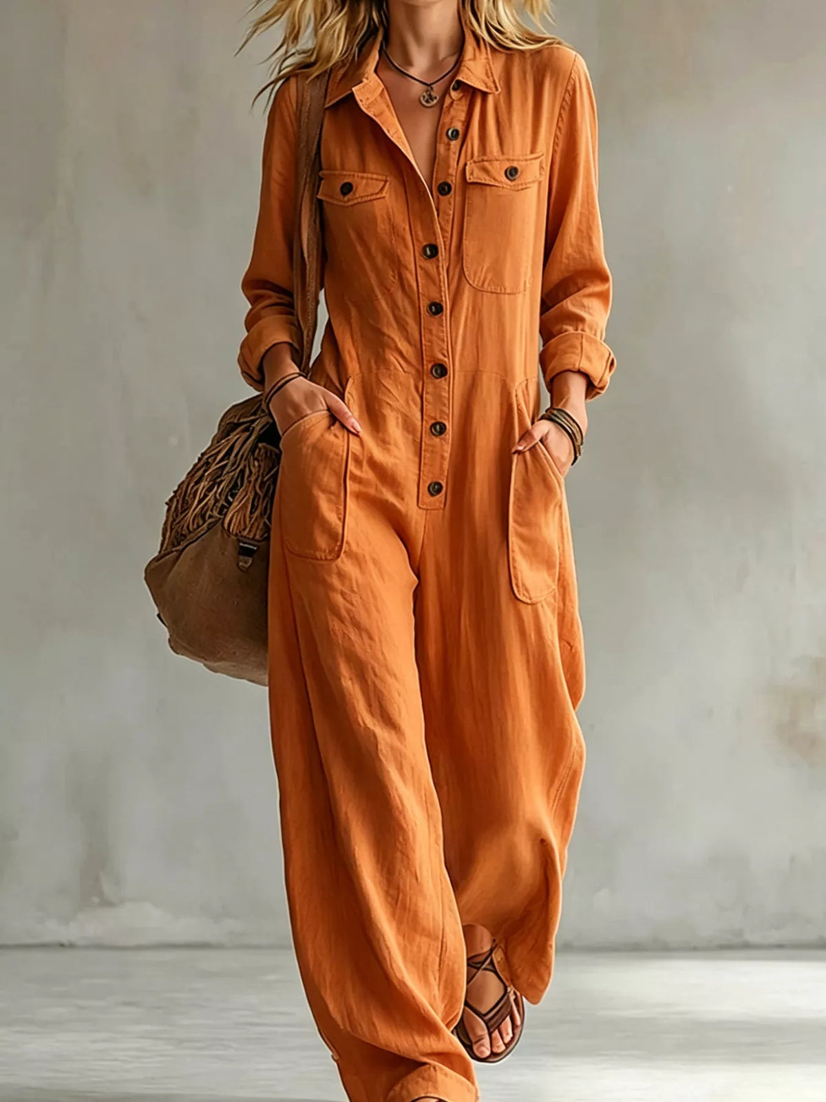 Casual long-sleeve button-front jumpsuit in orange with chest pockets and button placket