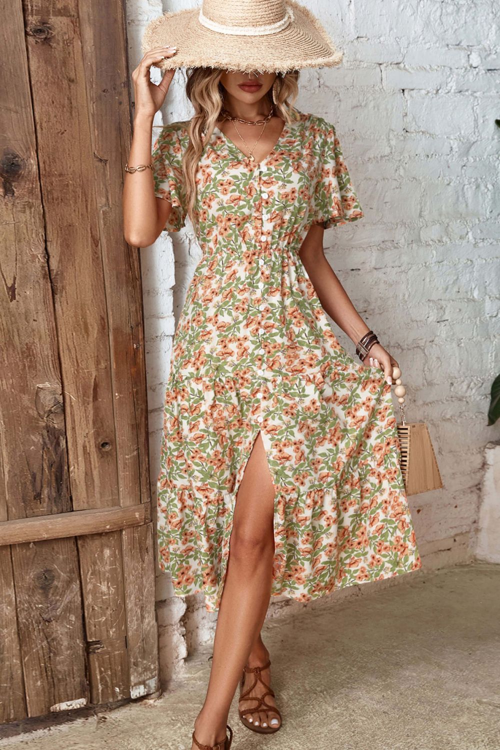 Floral V-neck midi front-slit dress with short puff sleeves