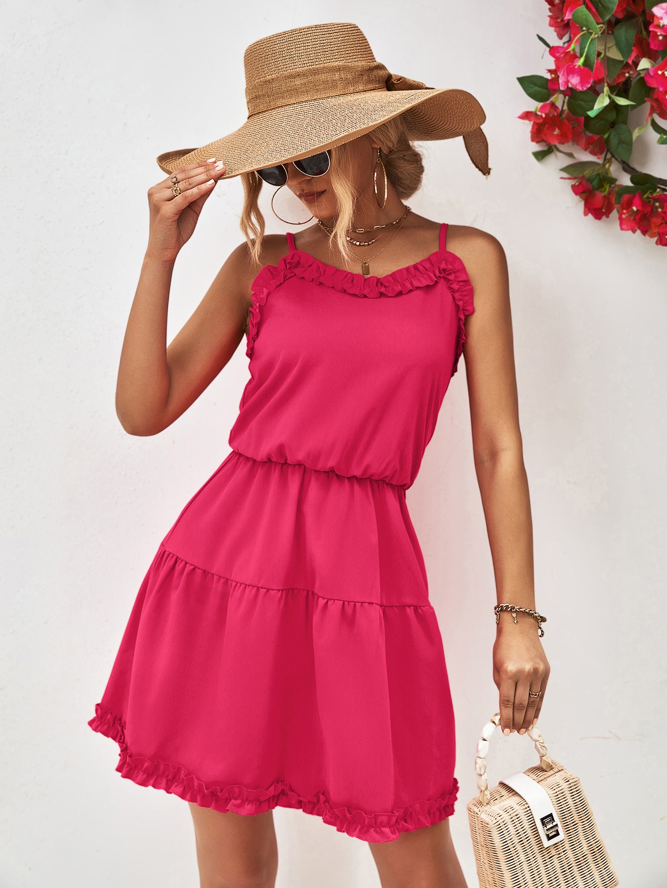 Hot pink frill-trim spaghetti strap mini dress with tiered ruffle detail and elastic waist