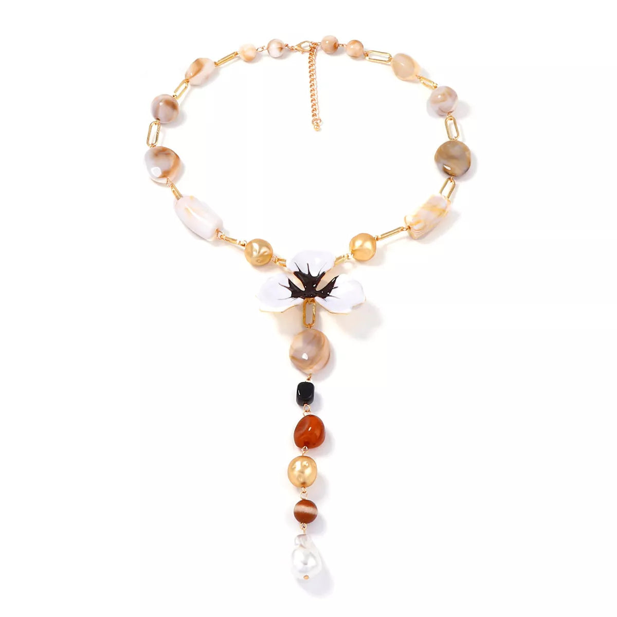 Y-shaped resin flower necklace with white petals, black center, and warm-toned bead strand