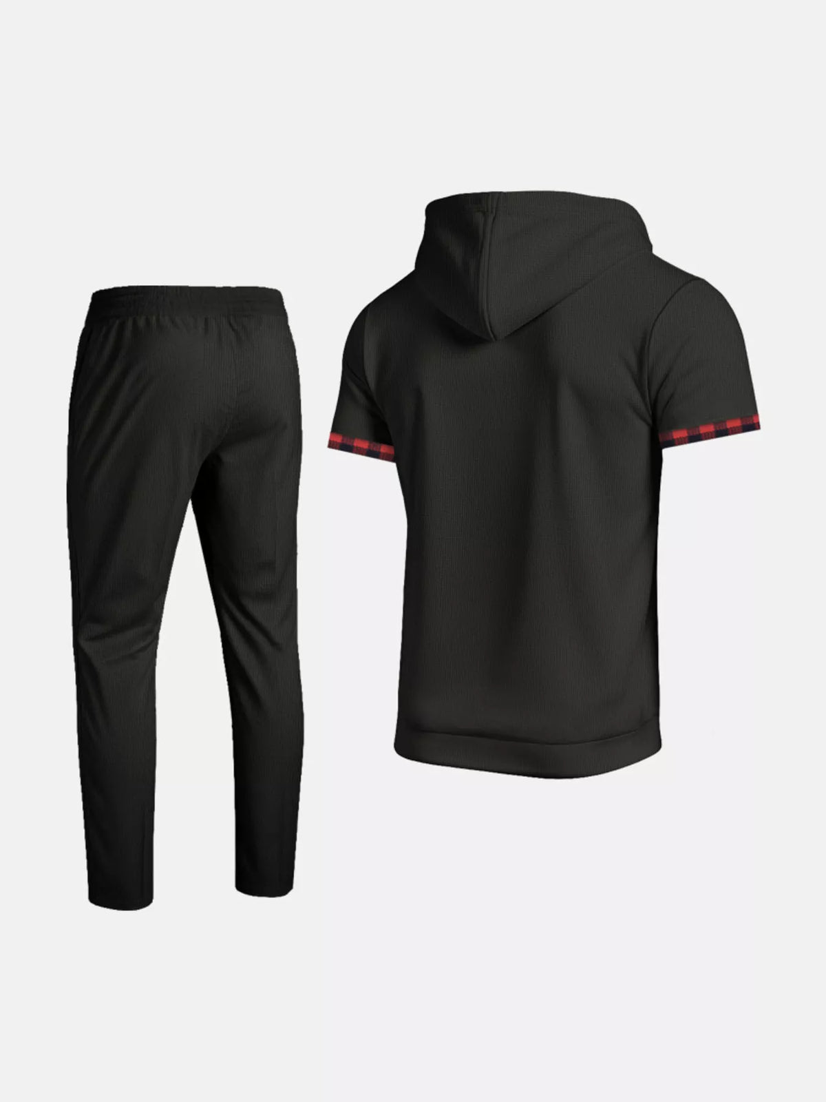Black short-sleeve hoodie and jogger pants set with striped cuff accents