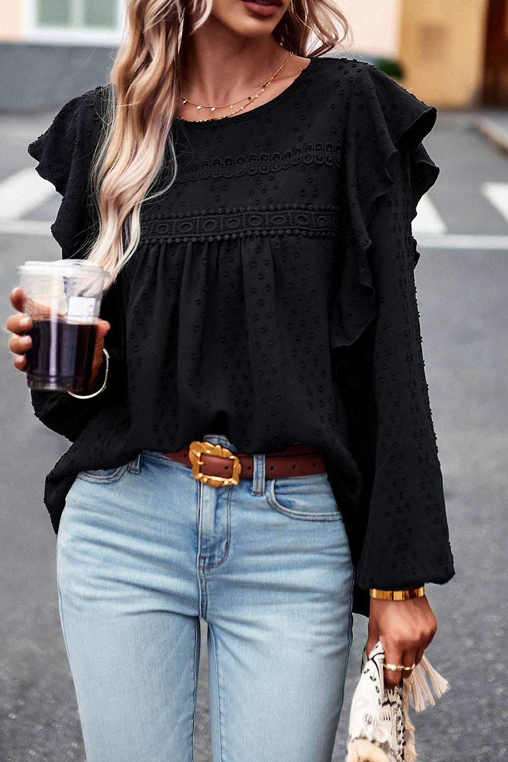 Ruffled round-neck blouse in black with short tiered yoke and long sleeves