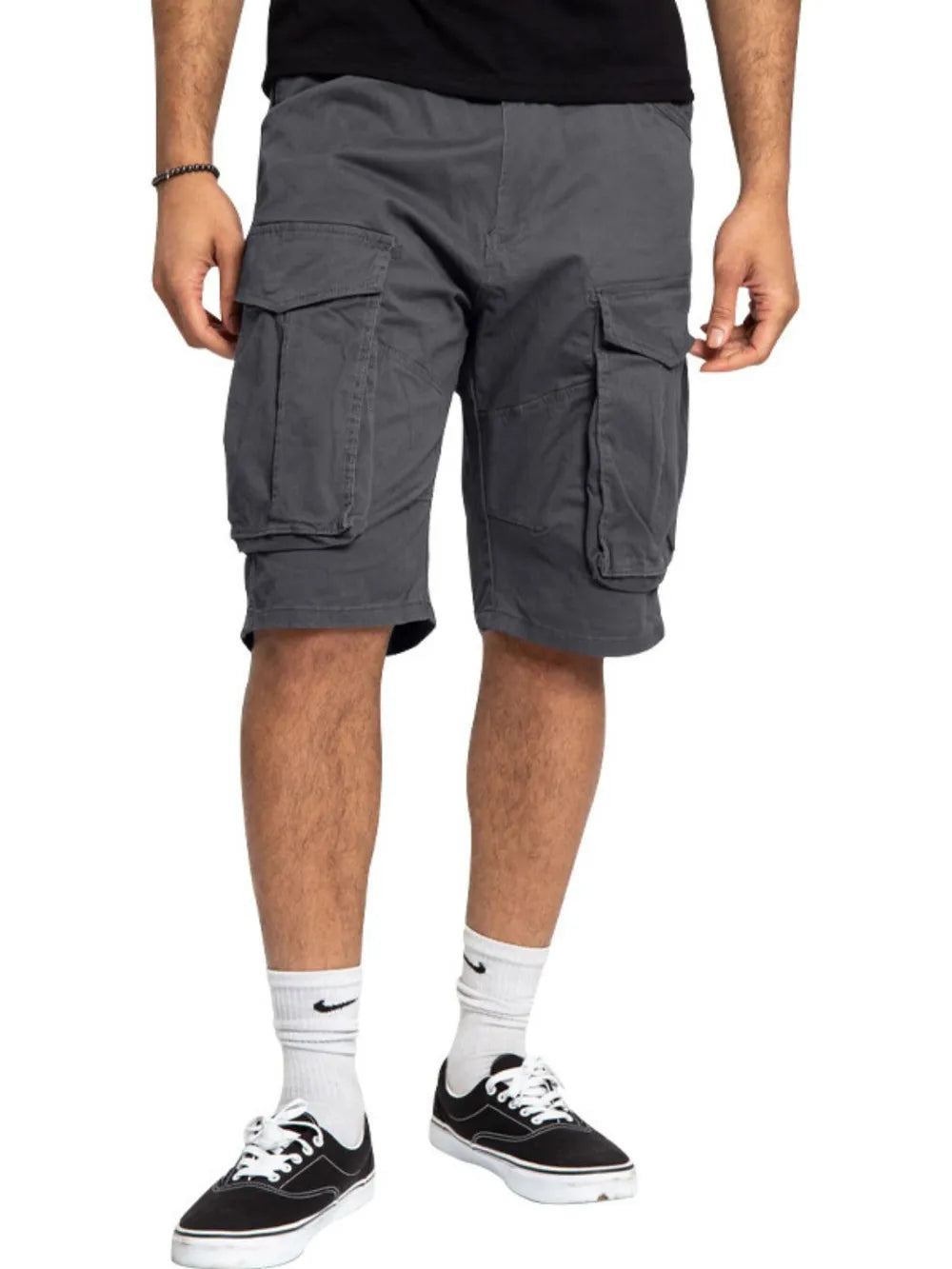 Men's cargo bermuda shorts in dark gray, with side cargo pockets