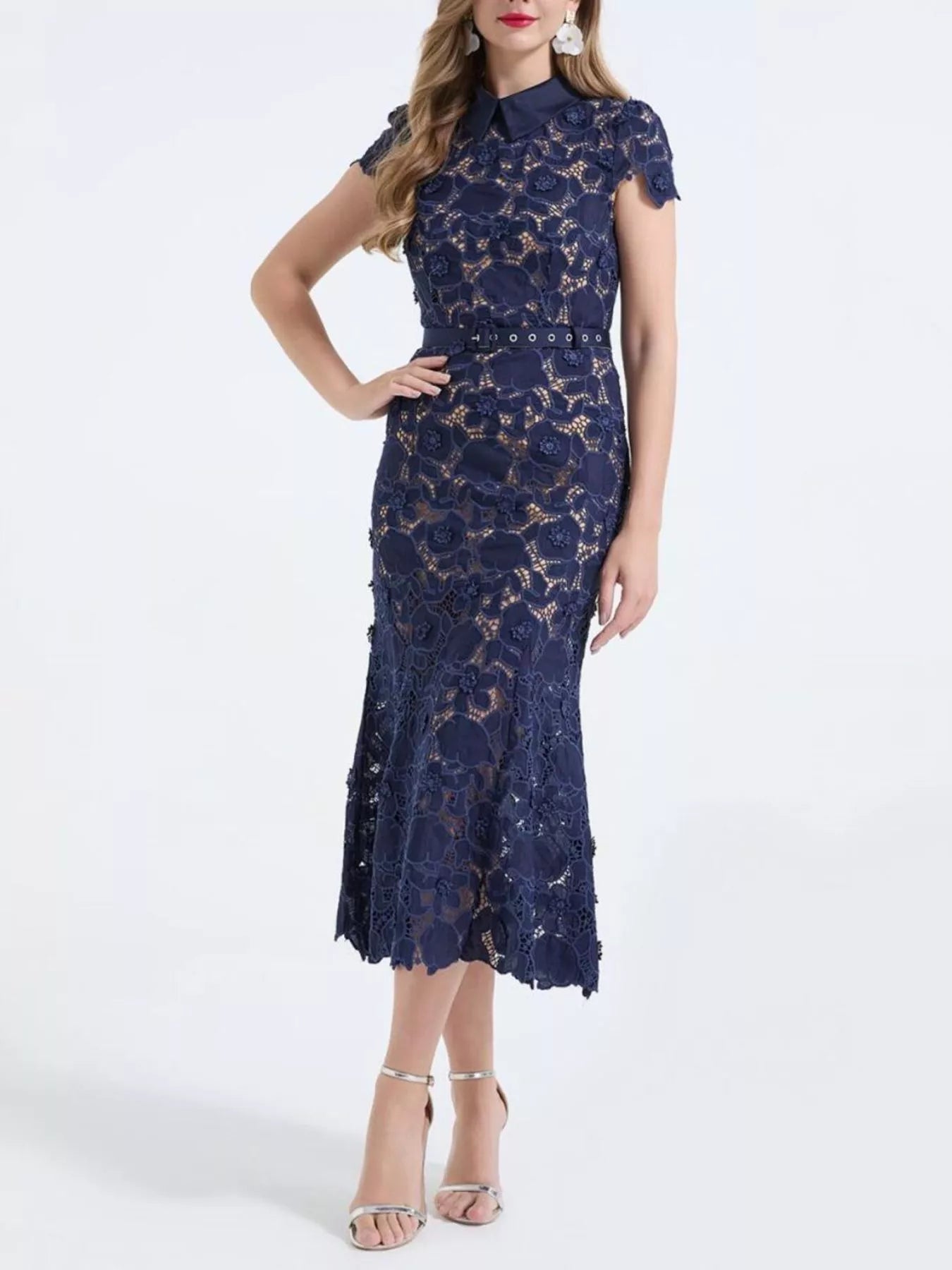 Cedar & Moore Floral Lace Short Sleeve Navy Midi Dress with zipper detail