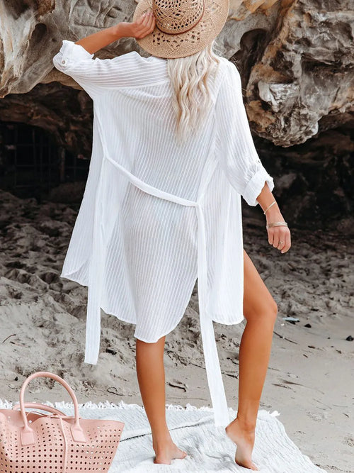 White button-front tunic cover-up with roll-tab sleeves and vertical pinstripe texture