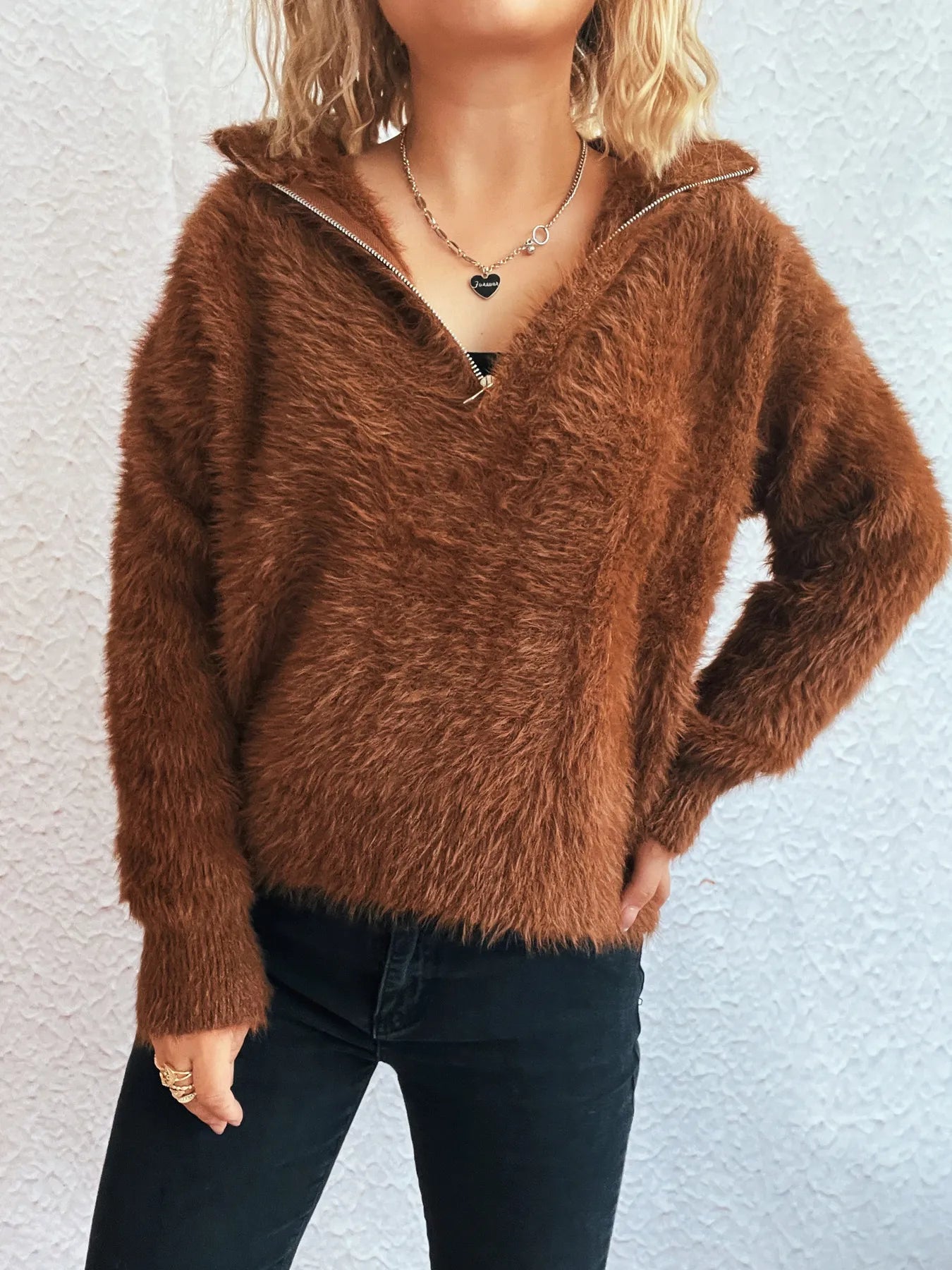 Brown fuzzy half-zip sweater, long sleeves, relaxed V-neck