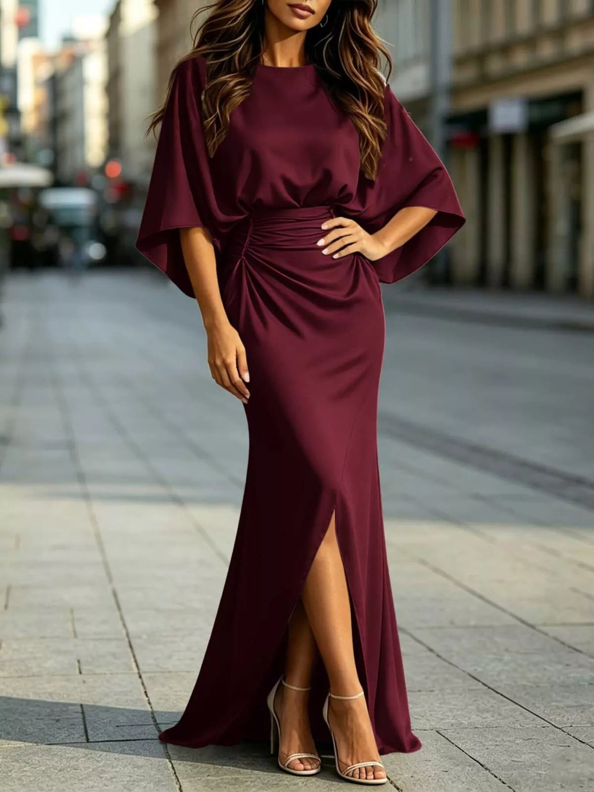 Burgundy satin ruched waist maxi dress with dolman sleeves and high front slit