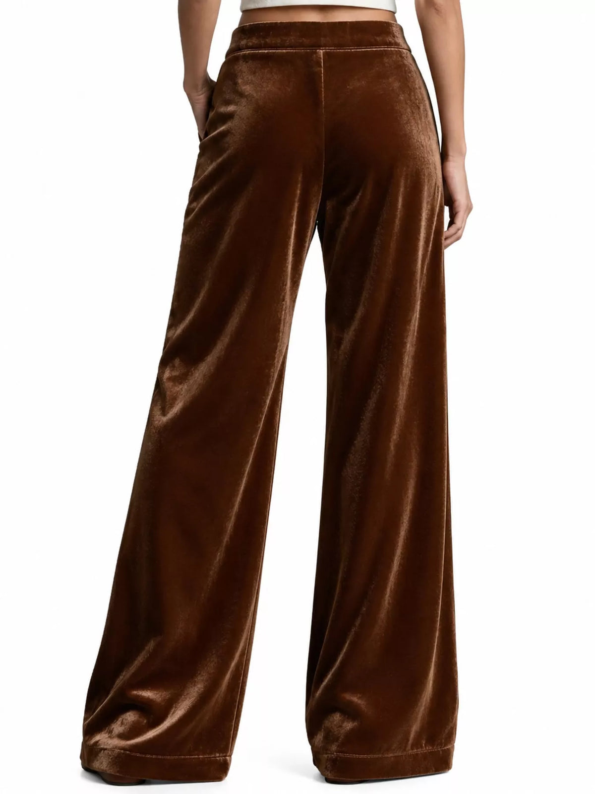 Brown velvet wide-leg pants with high waist and front pockets, shown from front
