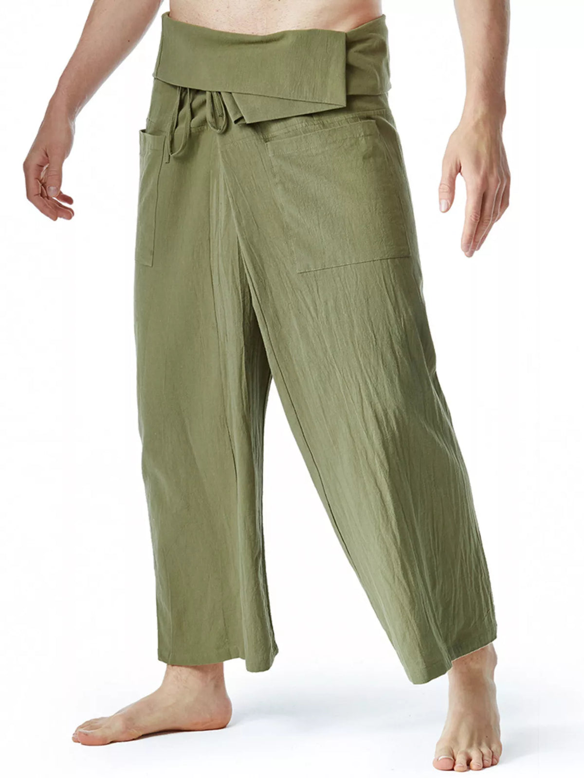 Army green loose-fit drawstring pants with front tie and patch pockets