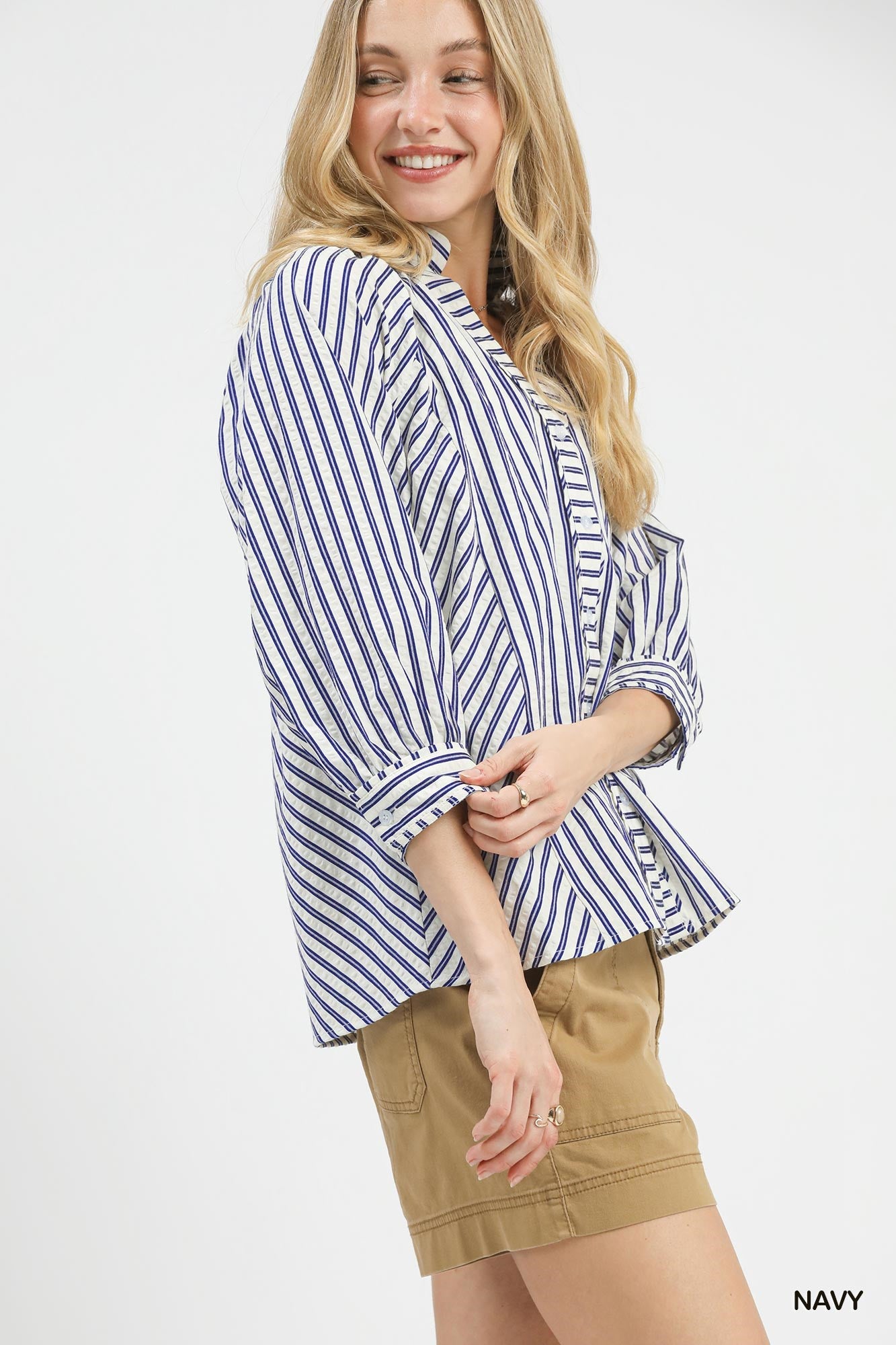 Cedar & Moore Umgee Striped Navy V-Neck Button-Down Top with rolled sleeves