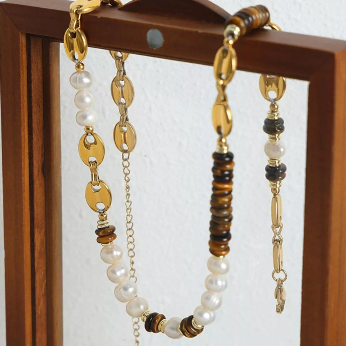 Freshwater pearl and tiger eye bead necklace with gold oval chain links