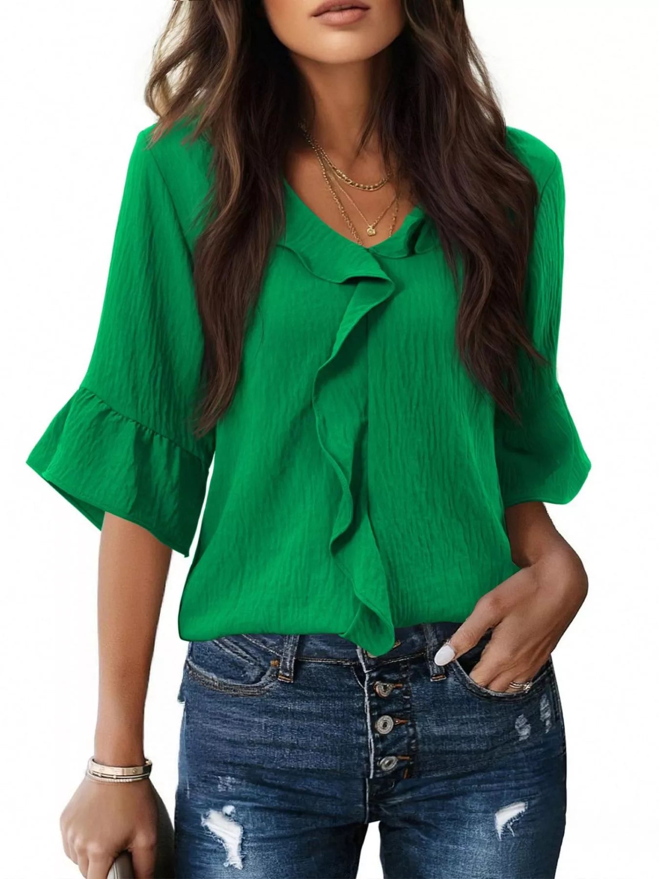Green ruffle-trim V-neck blouse with layered front and short flared sleeves