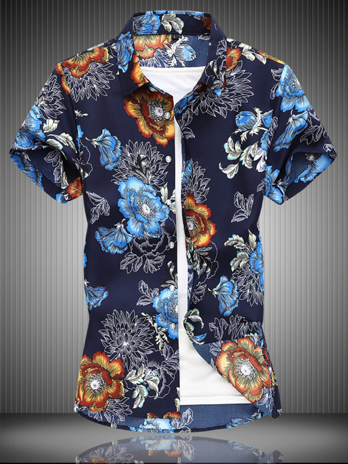 Men's short sleeve casual shirt with blue floral print on dark navy