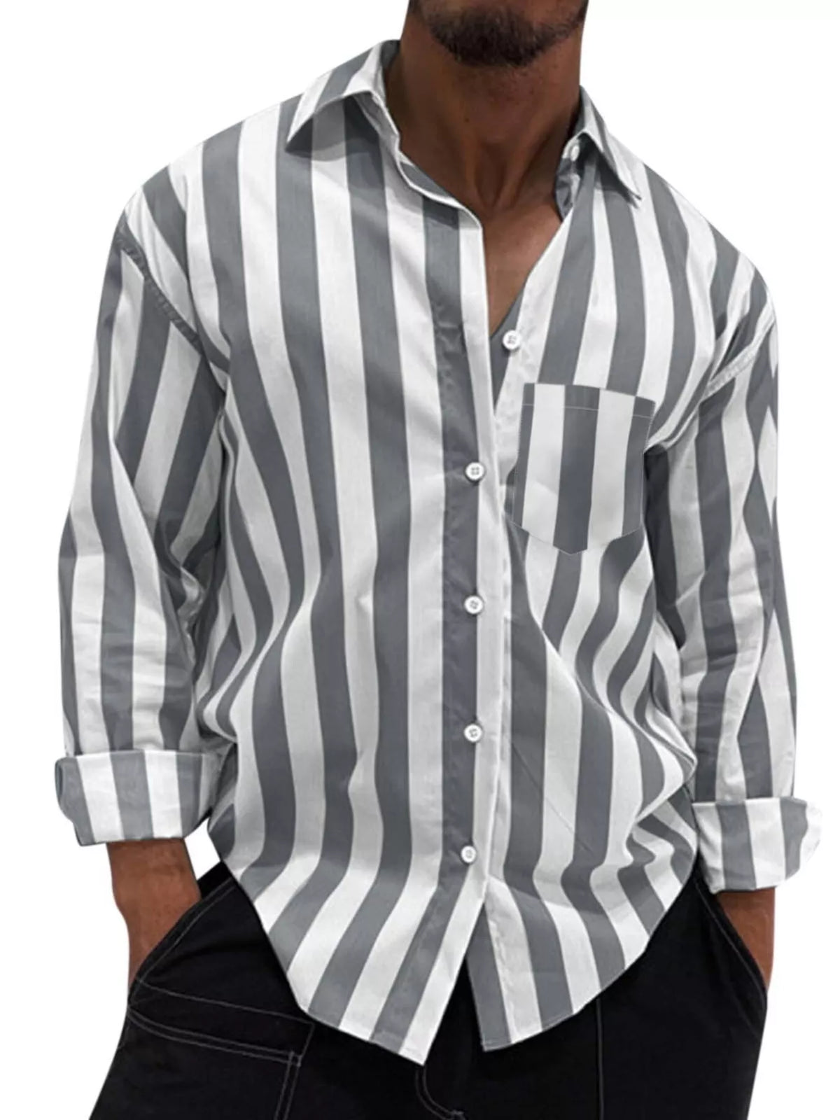 Men's button-up long sleeve shirt with gray and white vertical stripes