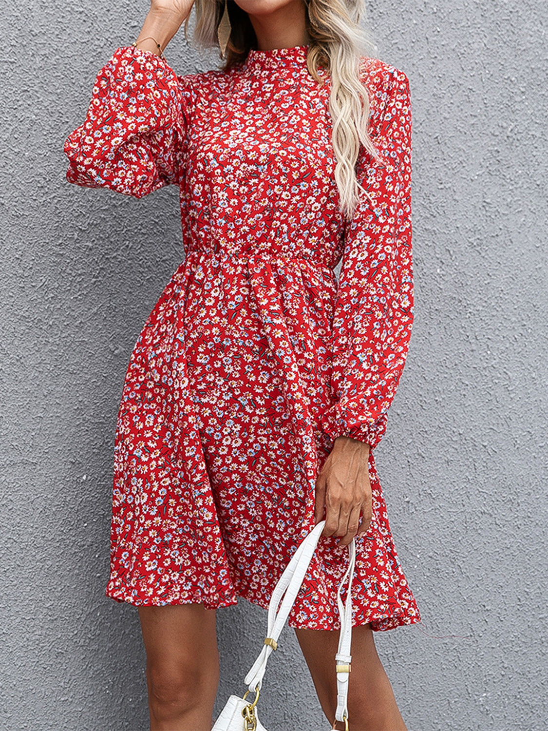 Deep red floral mock neck long sleeve dress with puff sleeves and gathered skirt