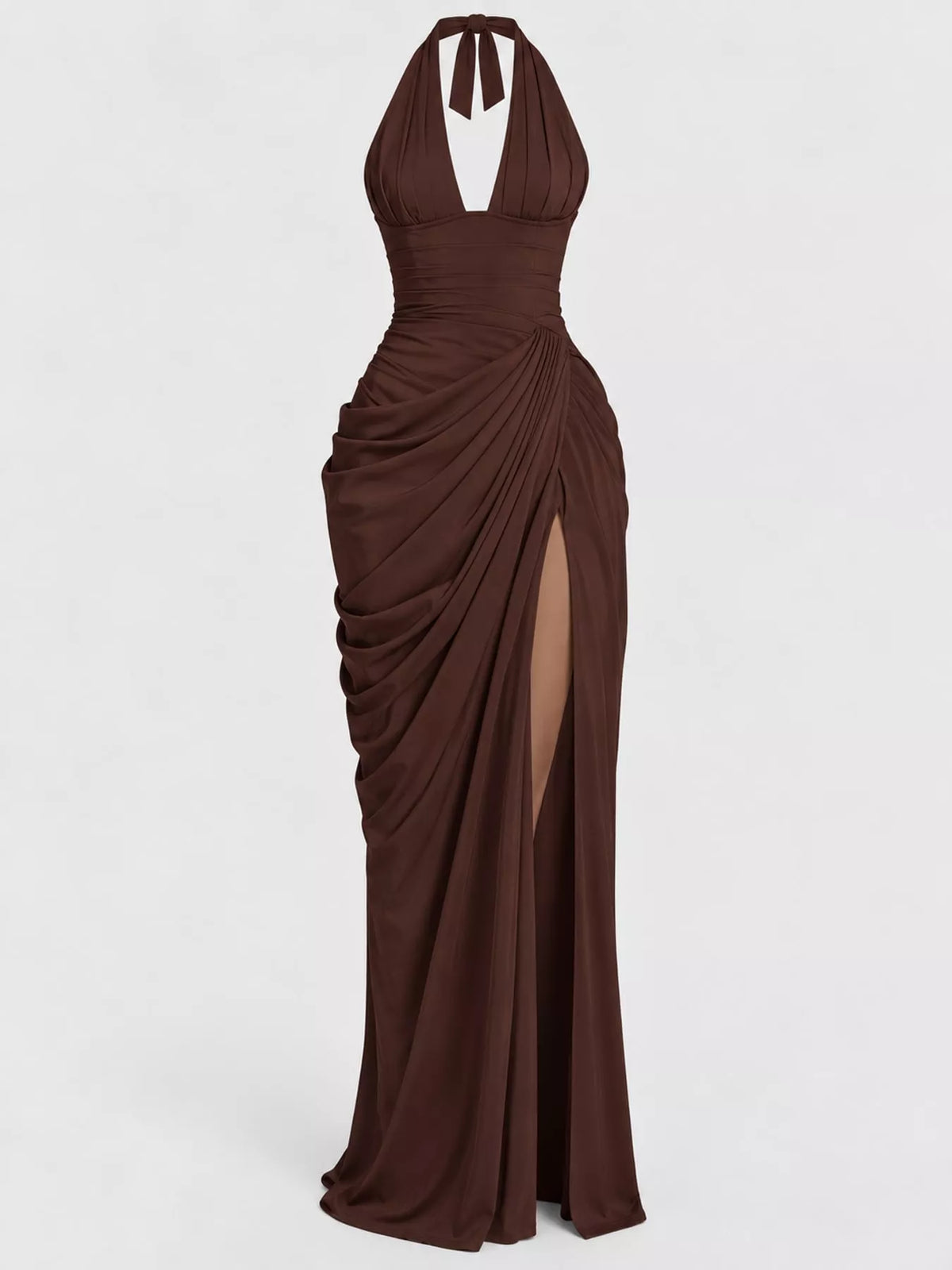 Brown halter neck maxi dress with crisscross tie back and ruched high slit