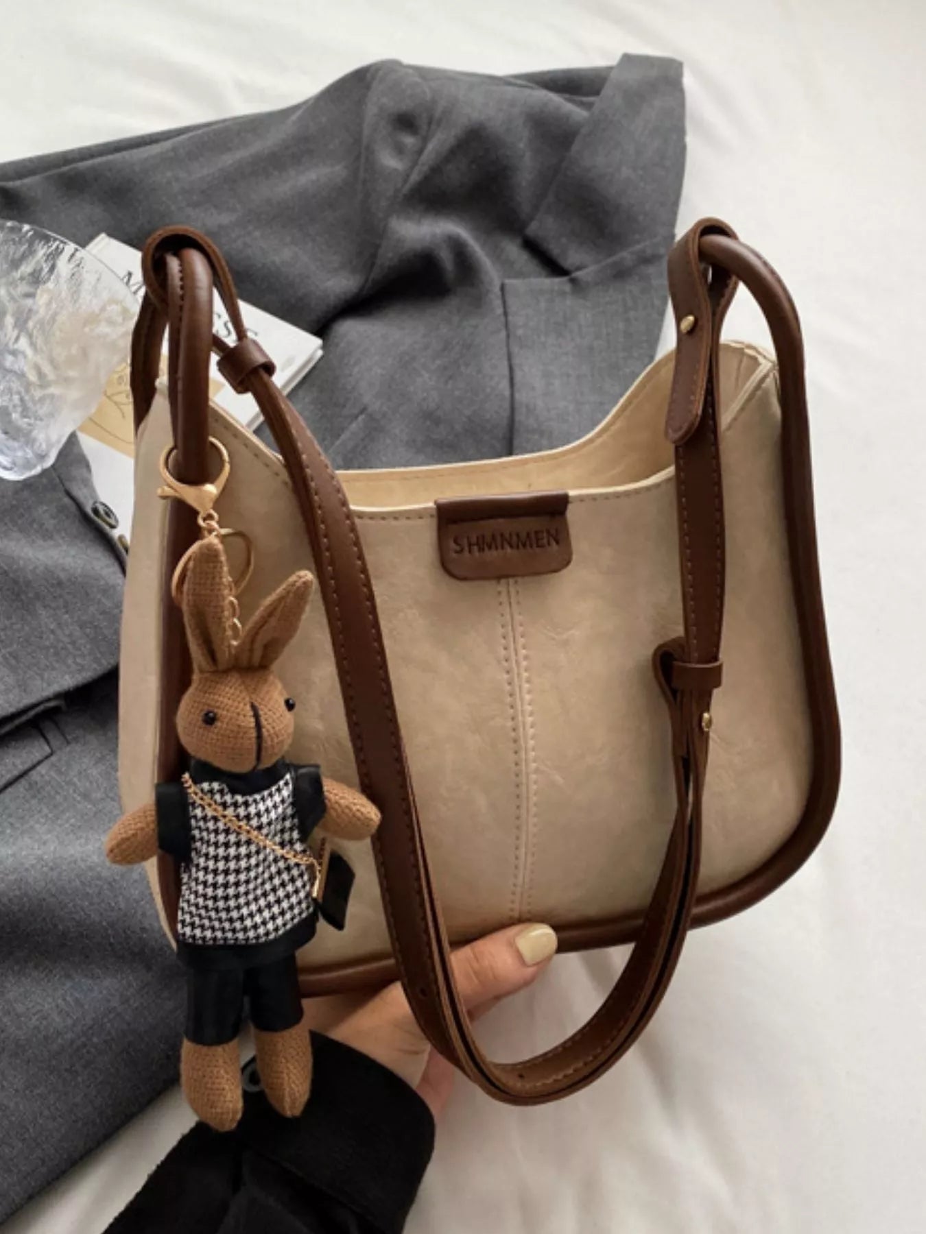 Adjustable Strap Shoulder Bag, beige PU with brown straps, SHMNMEN tag, small size with bunny charm
