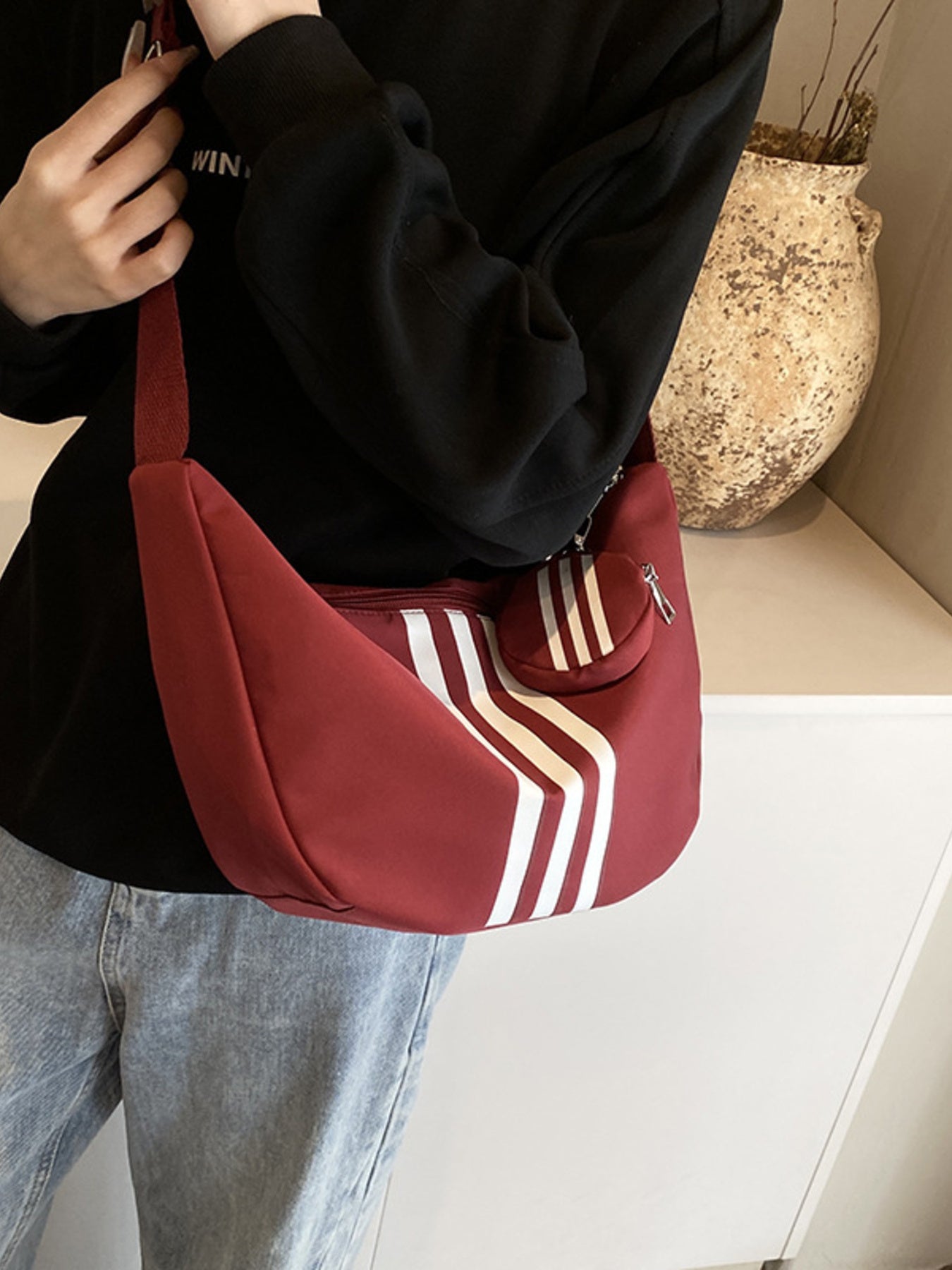 Striped Crossbody Bag with Coin Purse in maroon fabric, white stripe accents, medium size.
