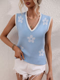 Floral contrast ribbed trim sweater vest, light blue with white flower motifs and V-neck ribbing
