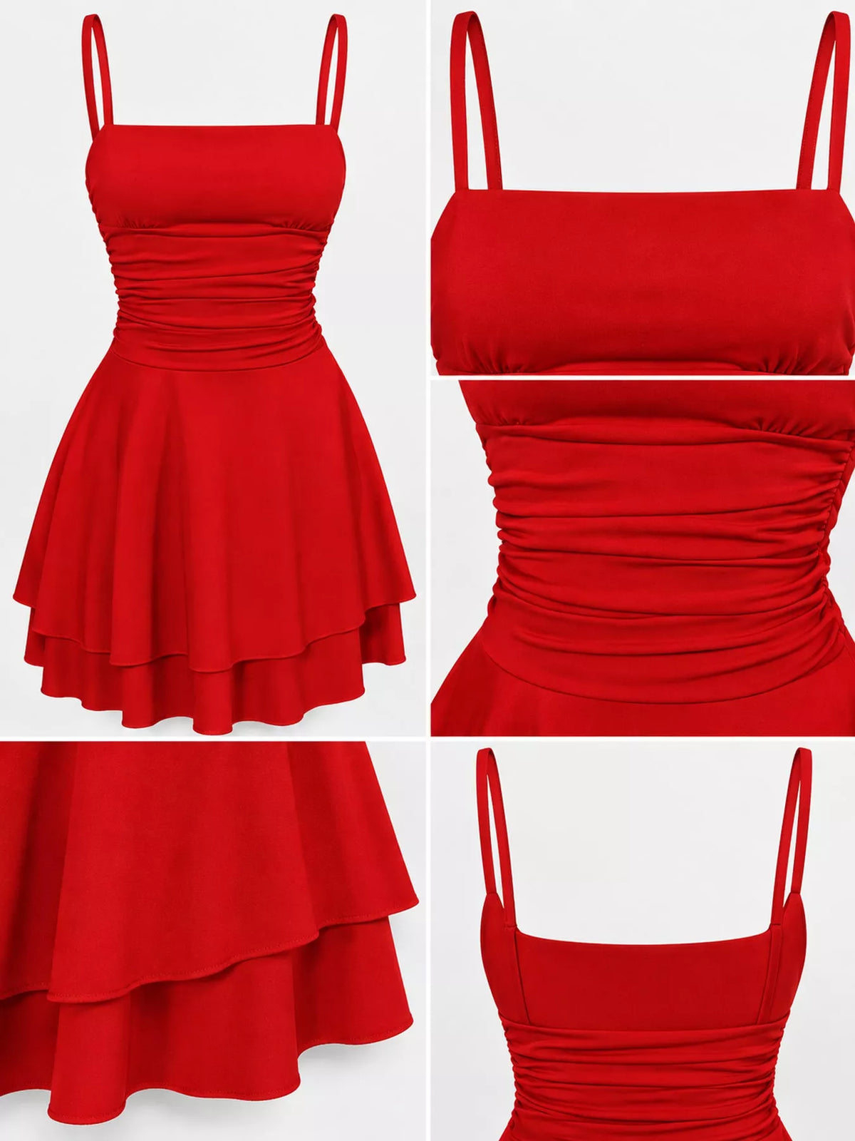 Ruched layered spaghetti strap mini dress in red, front and back details with open back