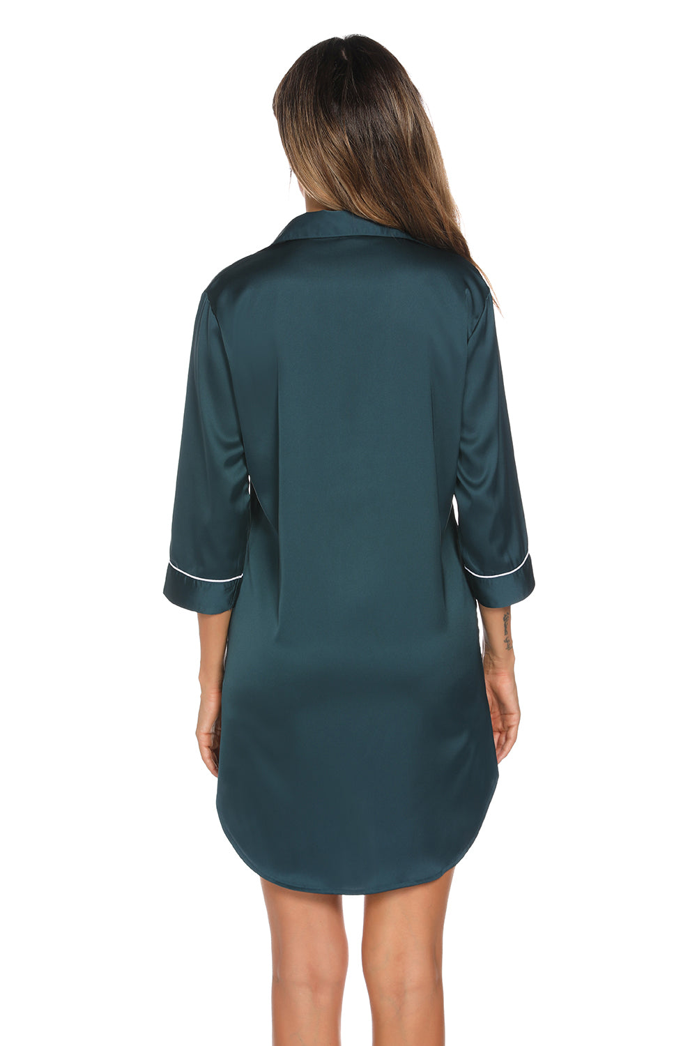Deep teal button-up collared night dress, back view, 3/4 sleeves with contrast trim