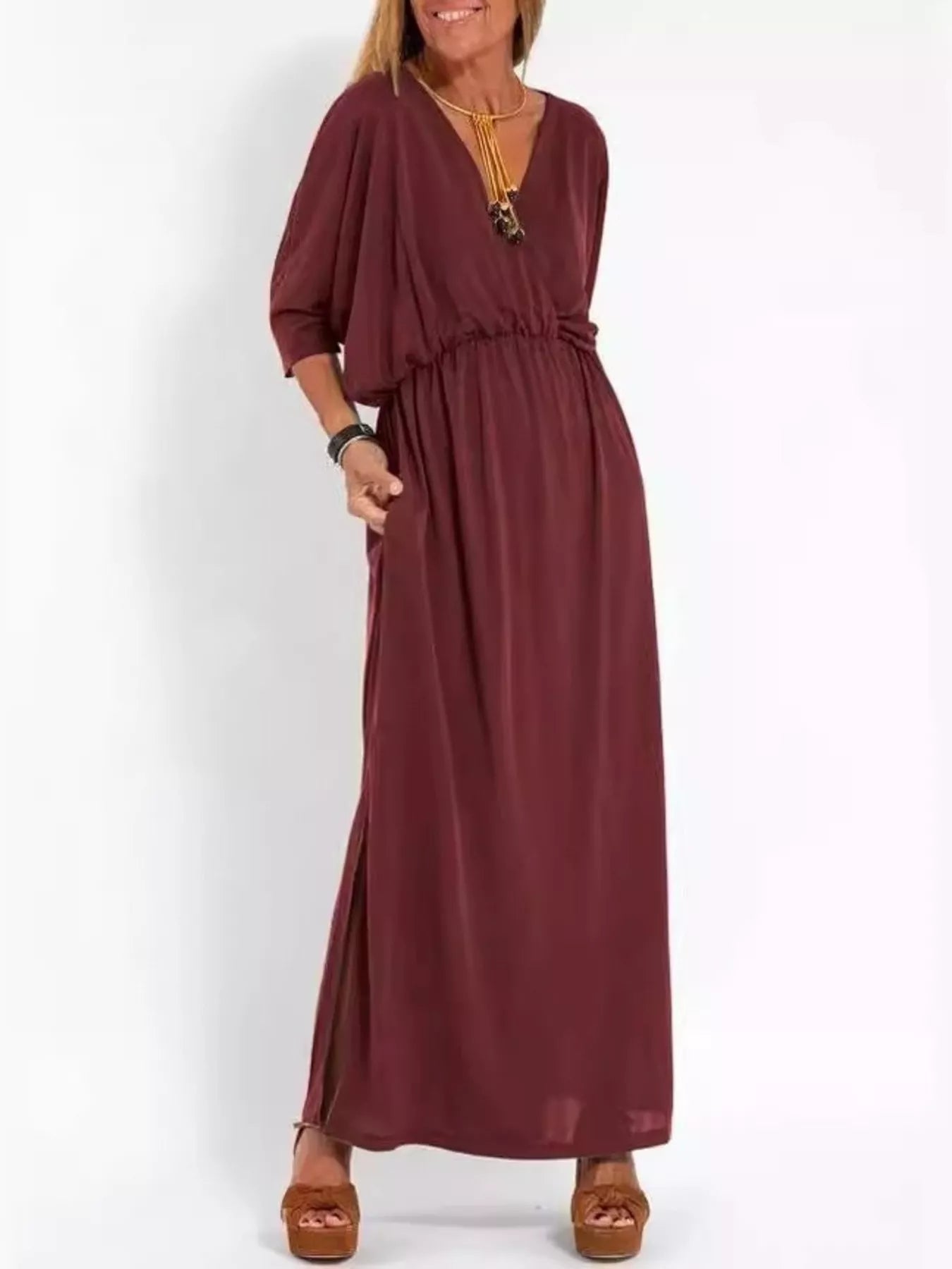 Wine red V-neck batwing sleeve maxi dress with gathered waist and side slit