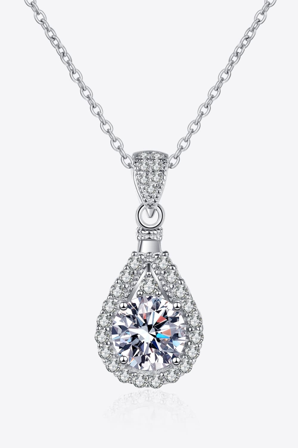 Sterling silver teardrop moissanite pendant with full pavé halo on a chain