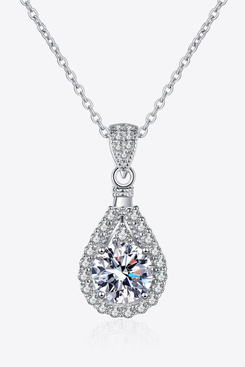 Sterling silver teardrop moissanite pendant with full pavé halo on a chain