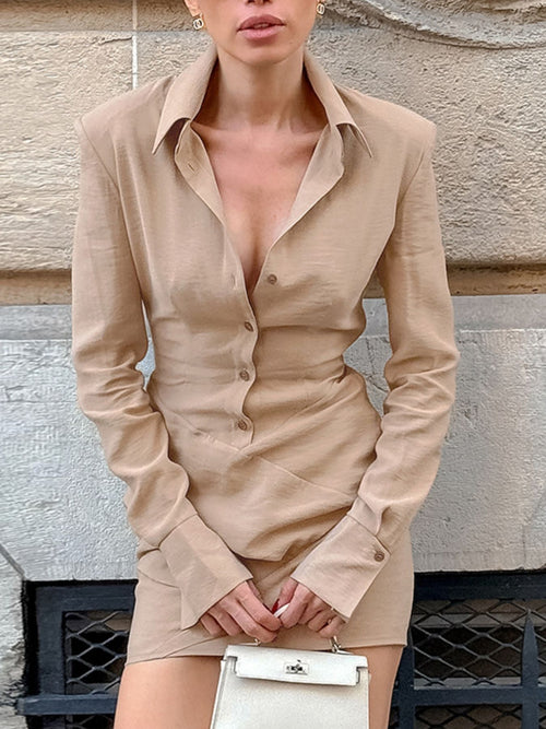 Khaki button-front long sleeve shirt dress, open collar and fitted waist, front view