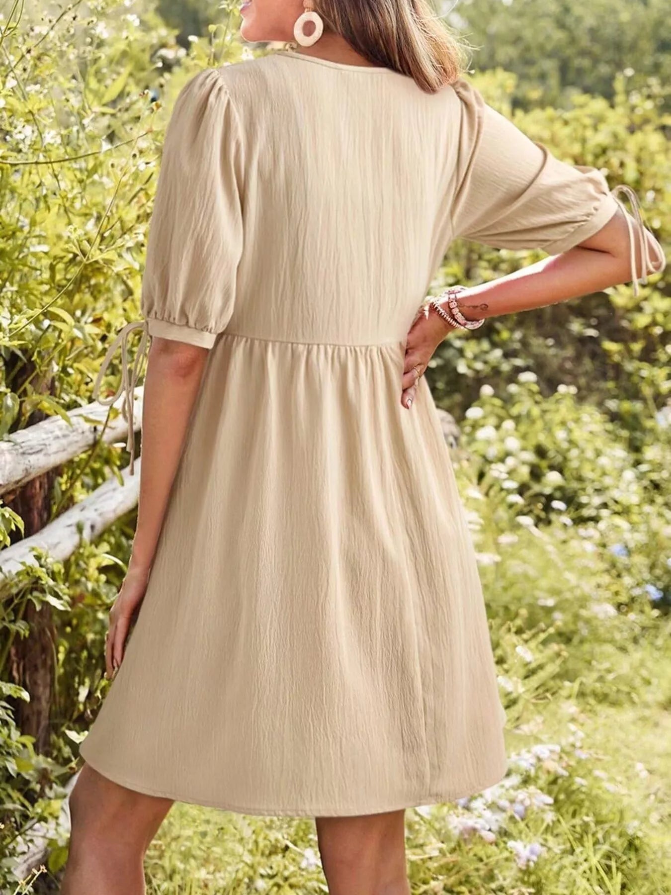 Tie-Neck Puff Sleeve A-Line Mini Dress by Trendsi in cream, back view