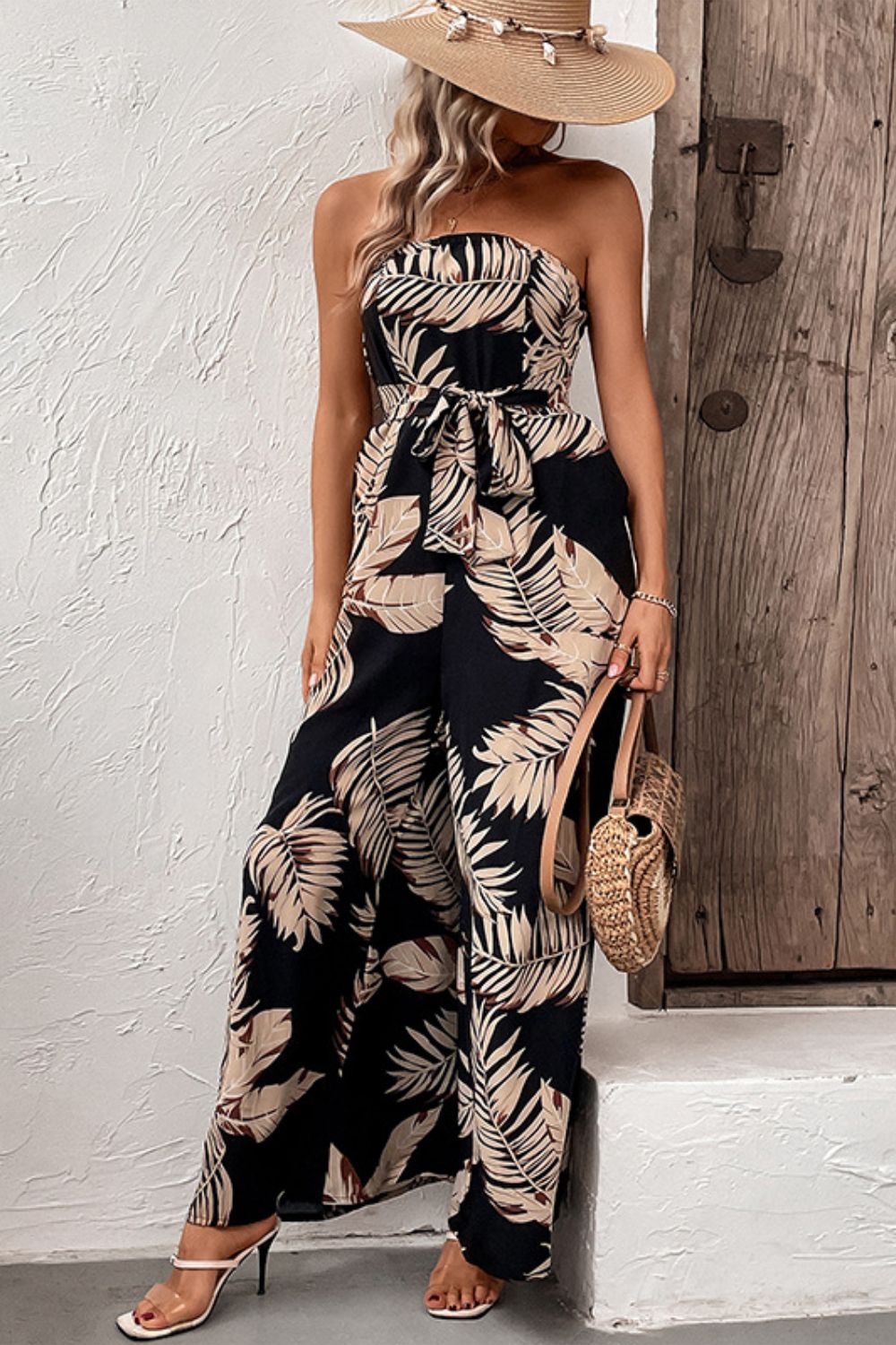 Perfee strapless wide-leg jumpsuit, black with beige leaf print, smocked waist, full length