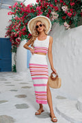 Striped openwork cropped tank and split skirt set, white with magenta and purple stripes